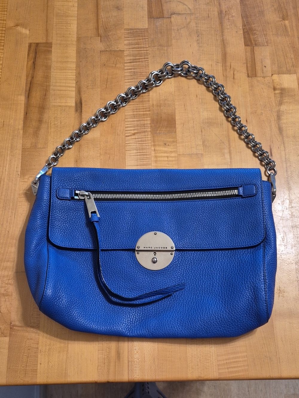 Marc Jacobs Gotham Blue Pebbled Leather Silver Chain Shoulder / Hand Purse Bag - Picture 2 of 15
